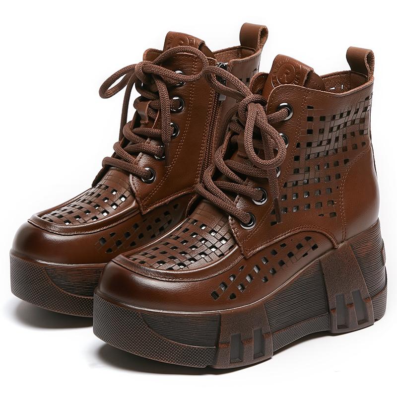 Fashion GKTINOO 2025 New Design Summer Women Boots Genuine Cow Leather Hollow Out Height Increasing 7cm Wedges Heel Platform Ankle Boots