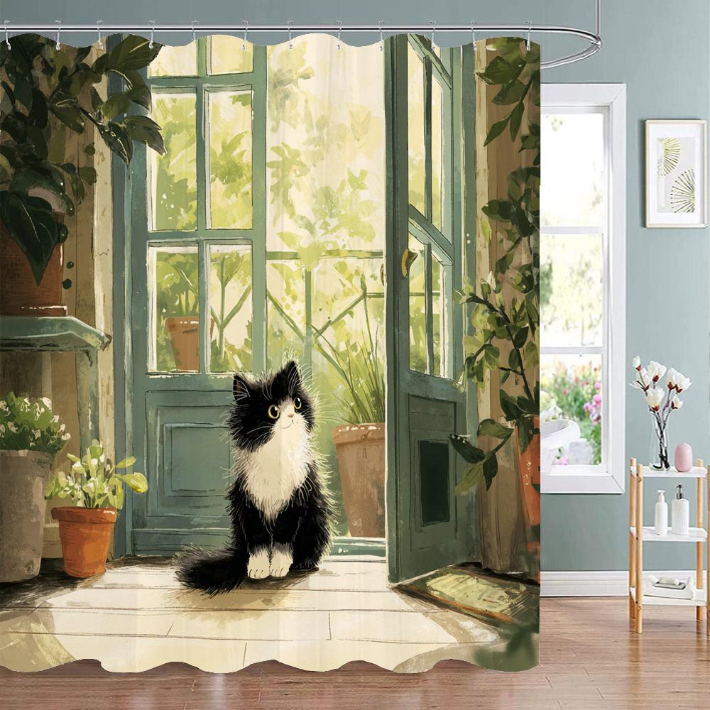 Bathroom Cat Shower Curtain, Floral Plants,Black Cat in the Bathtub Bathroom Decorative Shower Curtain, Home Curtain with Hooks