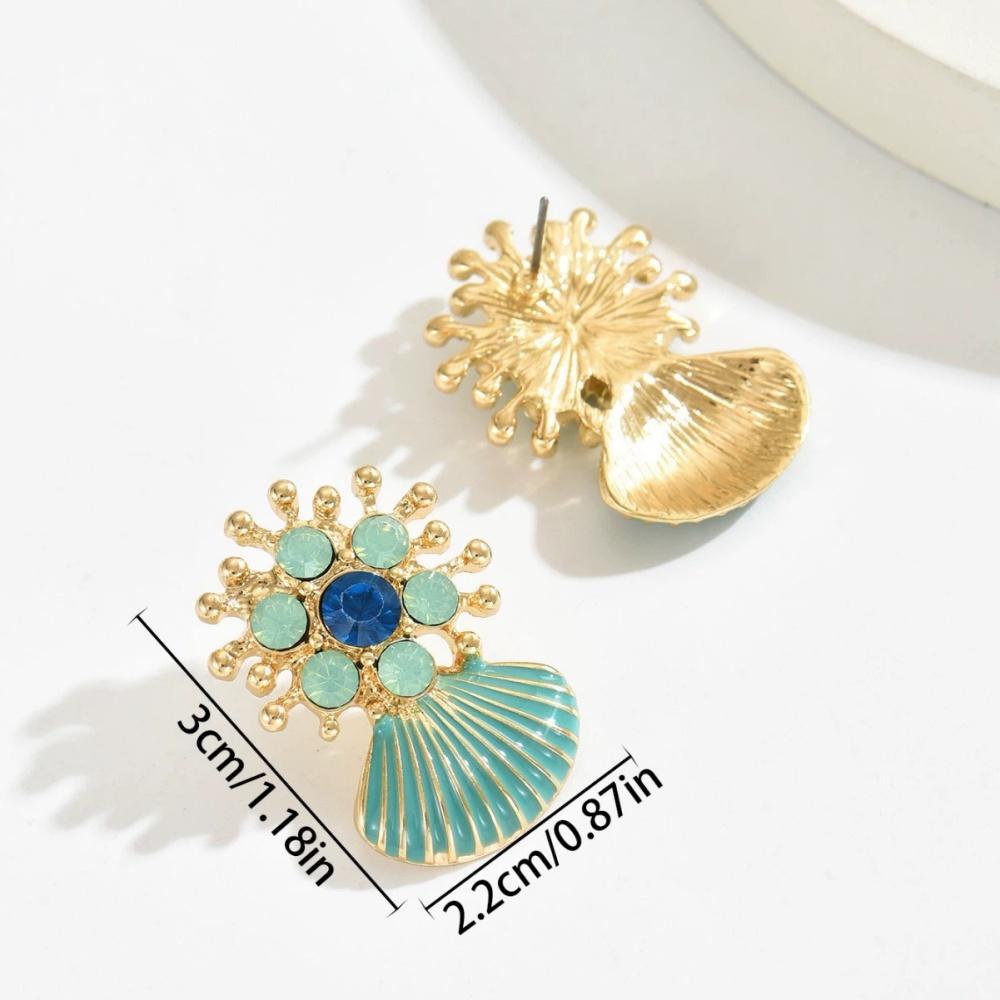 New Blue Enamel Shell Drop Earrings With Shiny Blue Rhinestone Chic Flower Shell Earrings Women s Beach Parties Jewelry