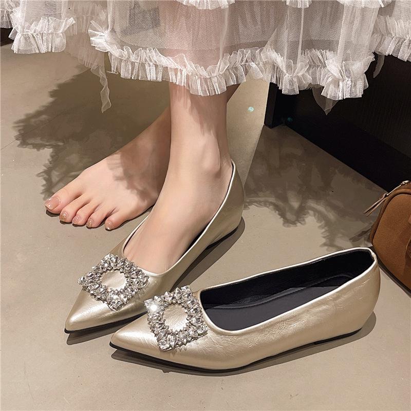 2025 spring and autumn new flat-bottomed commuter single shoes rhinestone square buckle pointed shallow mouth shoes daily height increase one pedal s