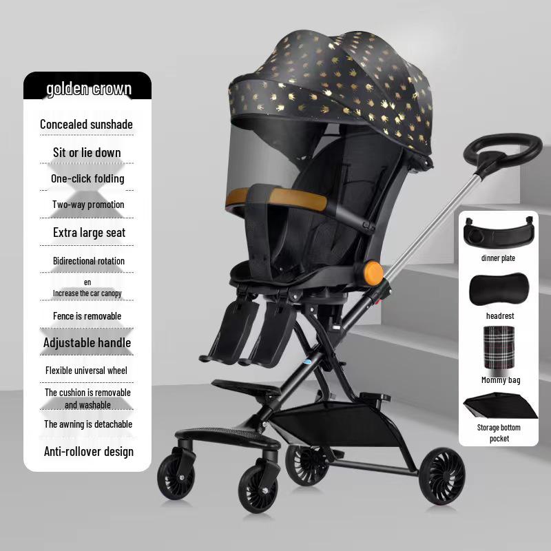 Cărucior pliabil bidirecțional cu șasiu înalt pentru bebeluș, cu patru roți