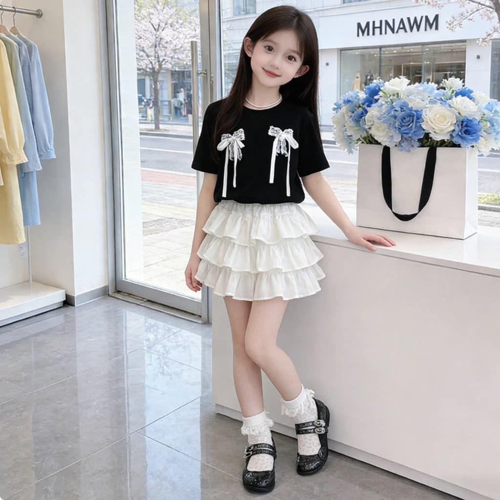 Completo estivo a due pezzi per bambina in stile coreano con fiocco - Dolce e alla moda Outfit con gonna a torta