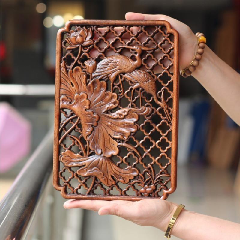 Chinese Classical Hollow Wood Carving Crafts Camphor Wood Carving Plum Blossoms Orchid  Background Wall Hanging Decor Ornaments