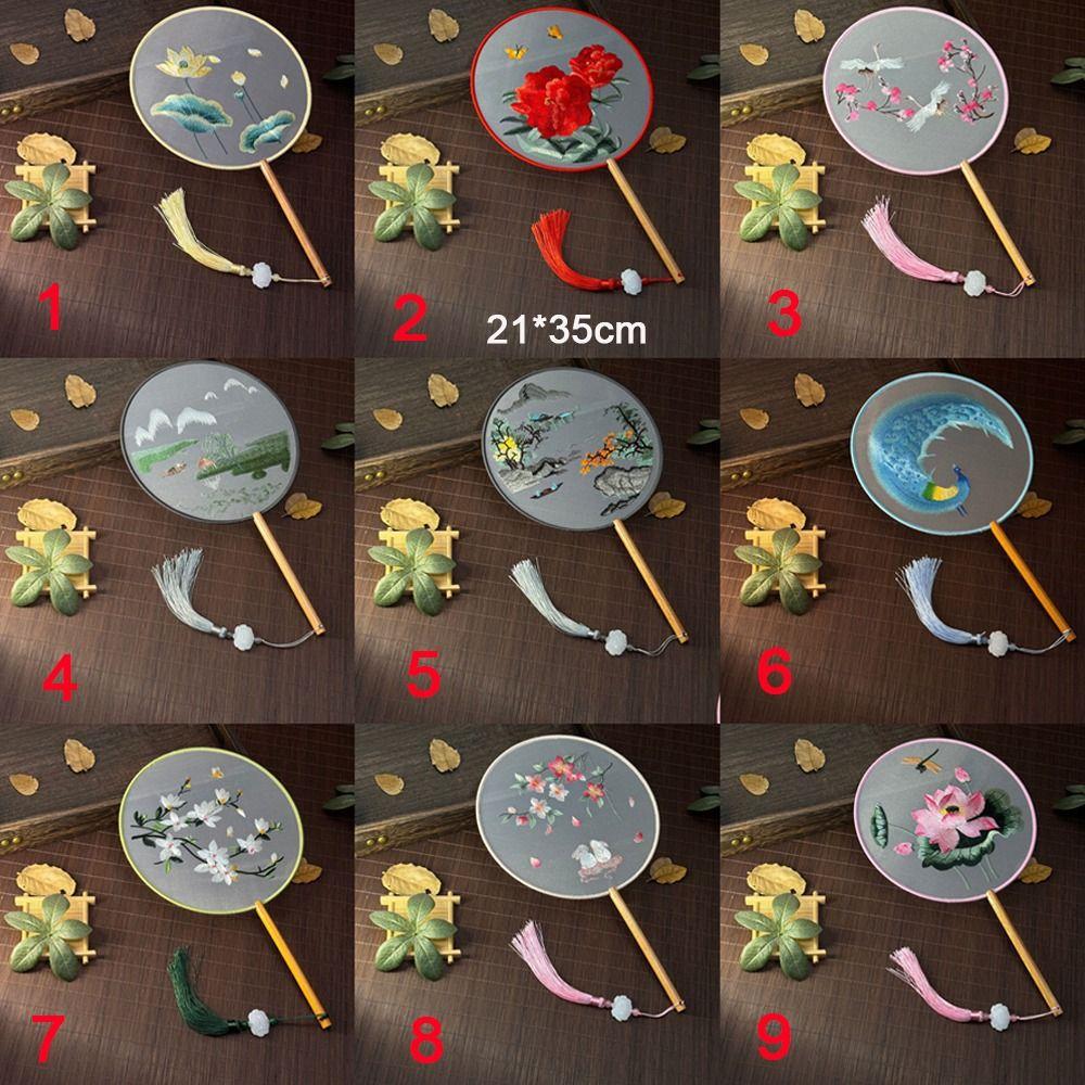 Handheld Embroidery Fan with Pendant Silk Fan Peony Chinese Style Fan Photography Prop