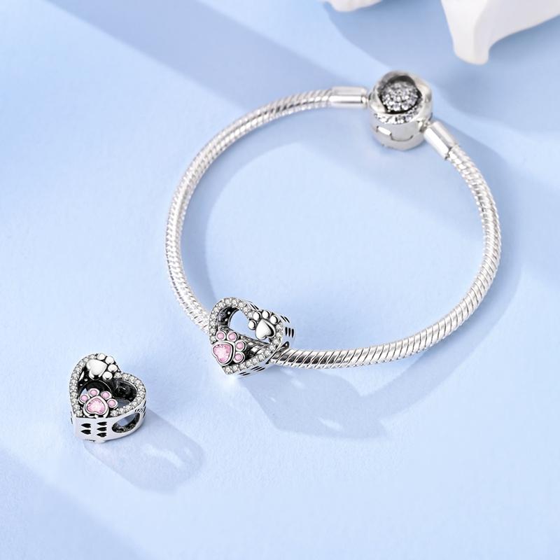 Original Charmscopper Pink Dog Paw Print Heart Beads Fit Charms Platabracelets For Women Jewelry Making Fine Gifts