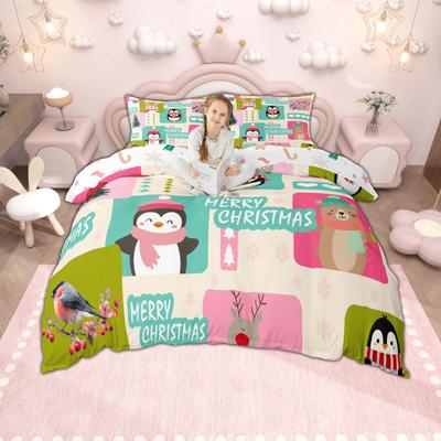 Homewish Kids Merry Christmas Duvet Cover Set, Cute Snowman Santa Claus Bedding, Tree Quilt Cover Set