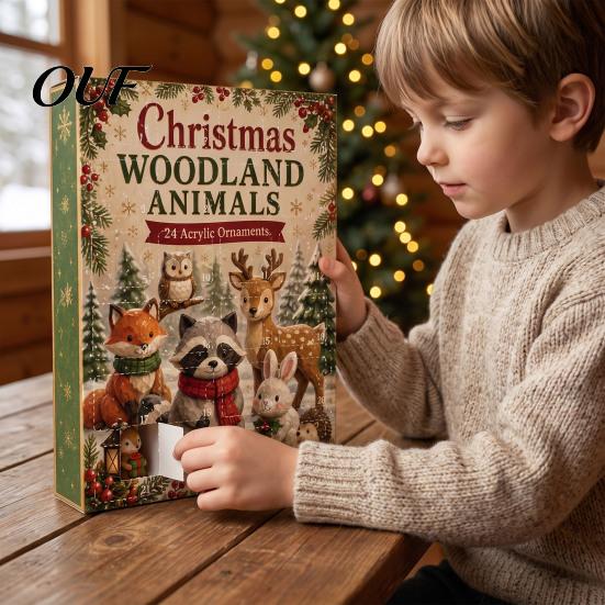 Collectible Christmas Figures Woodland Animal Advent Calendar, 24-Day Countdown Set with Forest Calendar Critter Ornaments, 2D Acrylic Tree