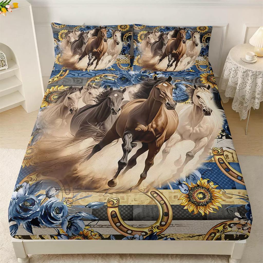 Horse Single Fitted Sheet,Animal Horse Bed Sheets Deep Pocket 30 cm,Microfibre 3D Bed Sheet with Pillowcase for Kids and Aldults