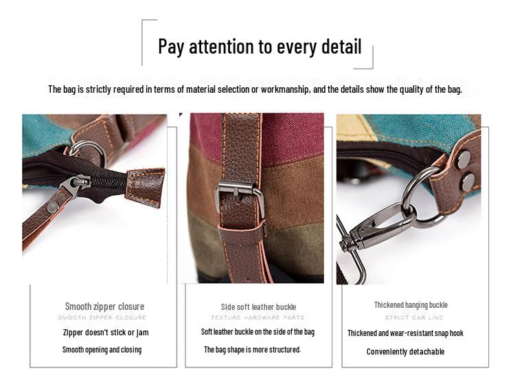 2024 Europeisk & Amerikansk Retro Canvas Regnbågs Patchwork Dam Stor Kapacitet Axelväska