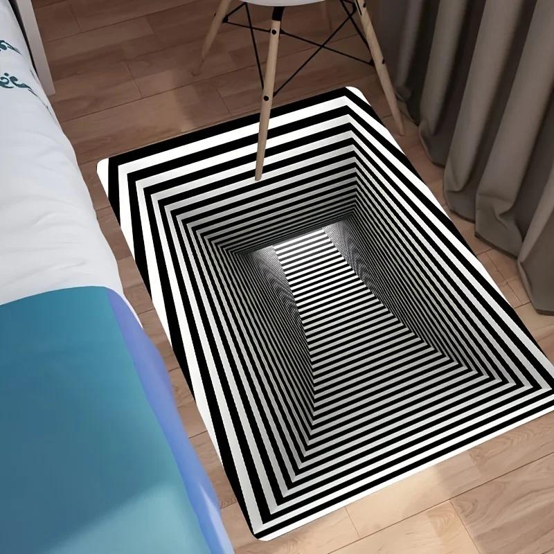 3D Schwarz-Weiß Illusion Teppich Geometrischer Druck Optisches Muster Teppich Rutschfester Boden Haus Wohnzimmer Schlafzimmer Tür Innen Dekor