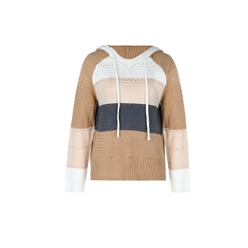 Autumn Women's Knit Blouse Sweatshirt Loose Cozy Casual Hooded Colorblocked Pullover Knit Sweatshirt