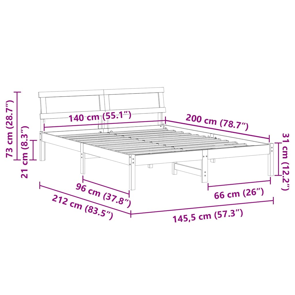 White Bed Frame with Headboard 140 x 200 cm Solid Pine Wood