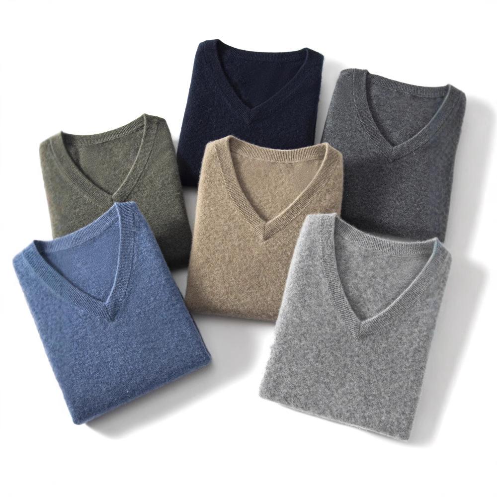 New V-neck cashmere sweater men's middle-aged and young solid color sweater loose knitting
