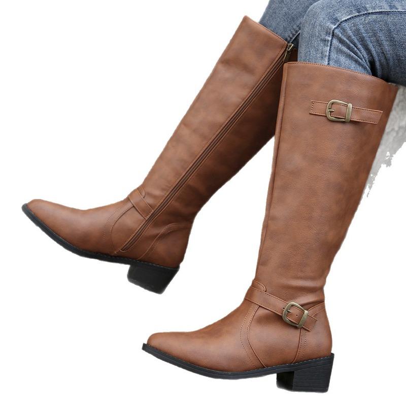 Pointed Buckle Knight Boots Winter 2025 New Plus Size Vintage Block Heel Boots
