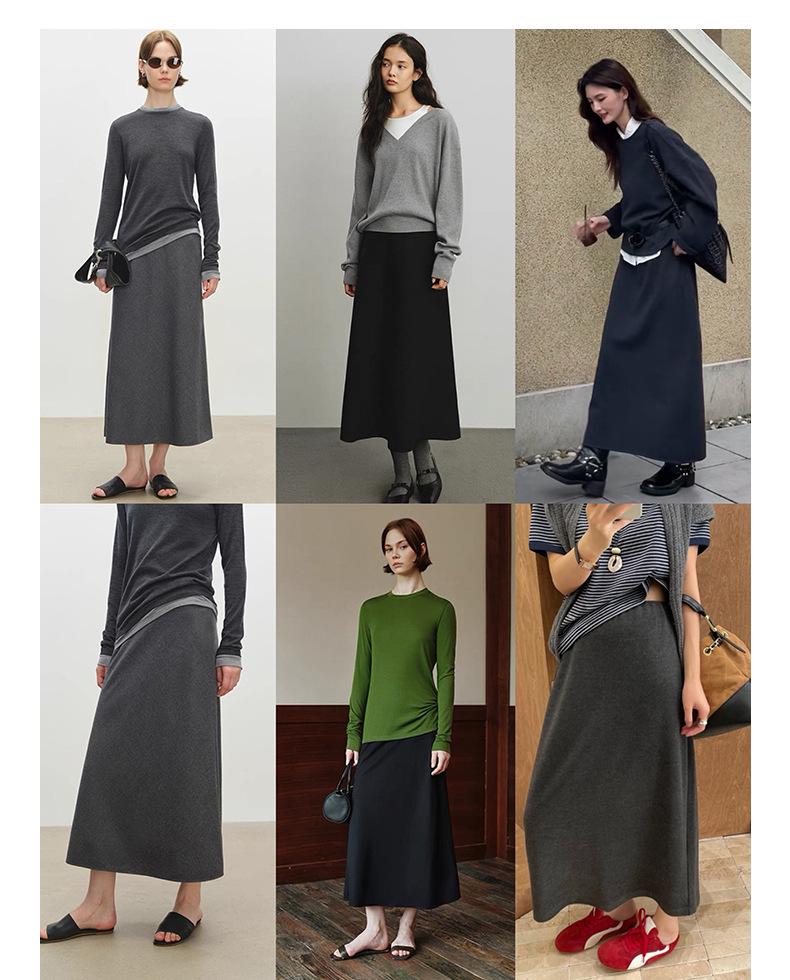 Wen Jiu A-Line Long Skirt: Slanted Cut Wool, Solid Color, Winter Elastic Waist, Slimming Half Skirt