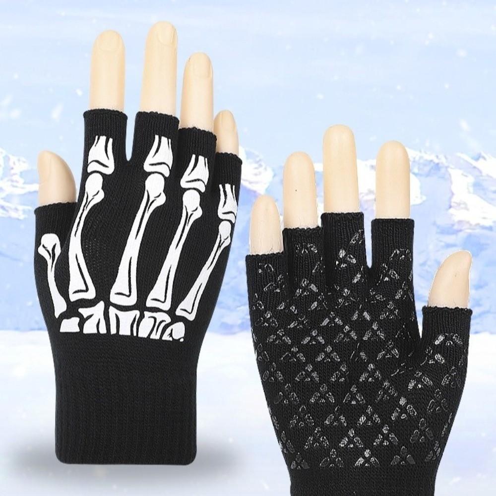 Stretch Halloween Skeleton Gloves Black Skull Half Finger Gloves  Winter Season