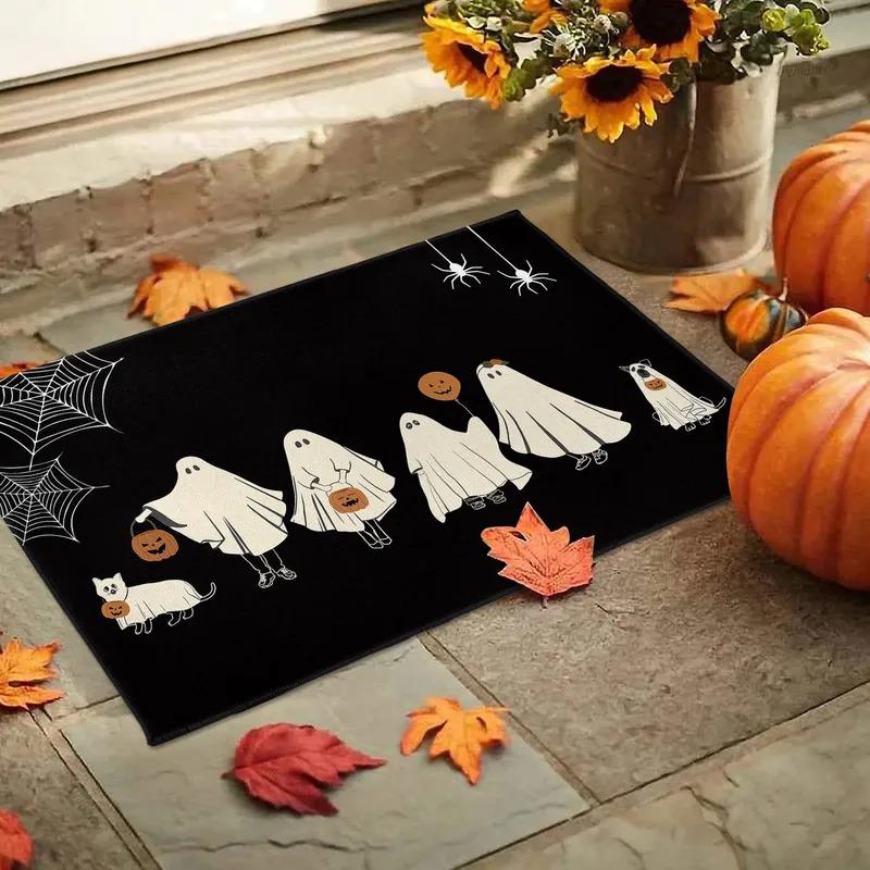 1Pc Spooky Family Halloween Non-Slip Washable Crystal Velvet Rug Kitchen Carpet Bathroom Entry Door Floor Mat Home Decor