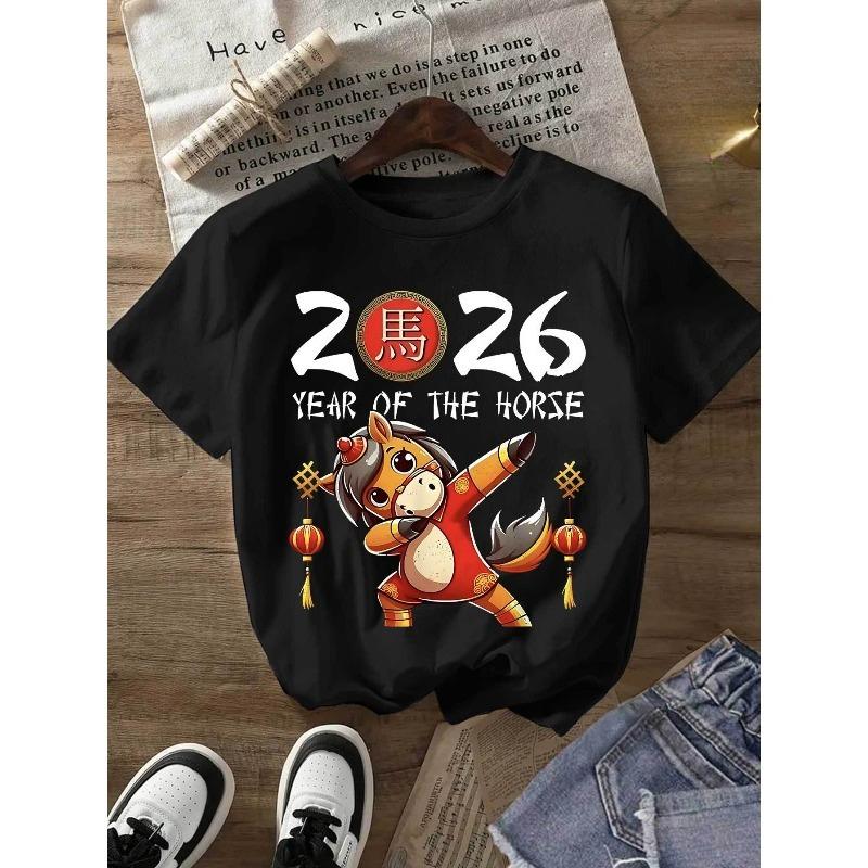

2026 Moe Ma Happy New Year Trendy Printed Letter Women s T-shirt Heavy Cotton Round Neck Four Seasons Versatile Casual Top XL