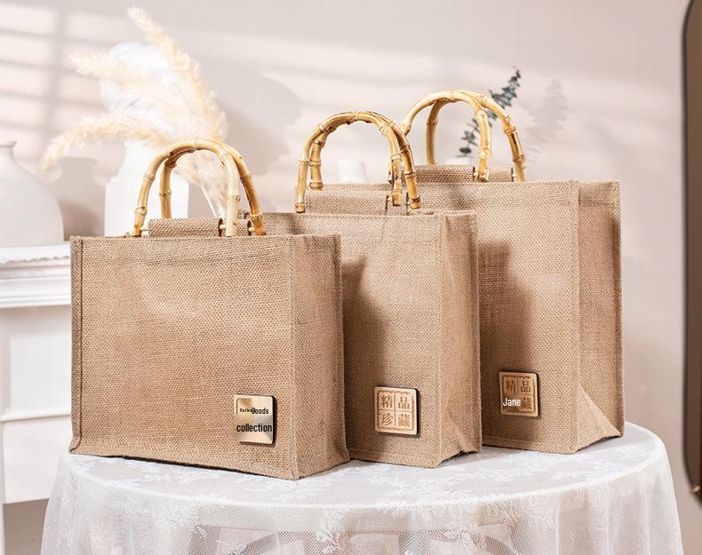 Retro Bamboo Handle Jute Bag - Waterproof, Laminated, Eco-Friendly