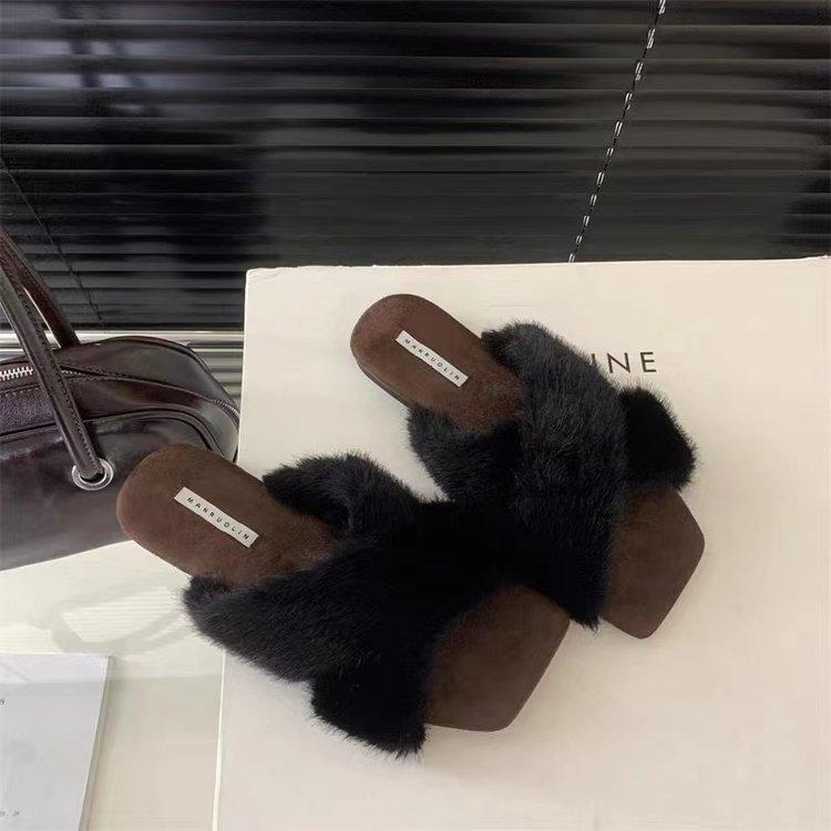 

Retro cross fluffy outer slippers high-end casual versatile gentle leopard print thick-soled fluffy shoes cotton drag women s shoes 35 чорний