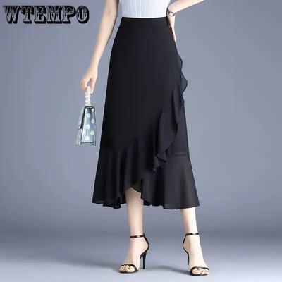 Lotosblatt Seitenlänge Rock für Damen Sommer Chiffon Fischschwanzrock Halbkörperrock Hohe Taille A-Linien-Rock