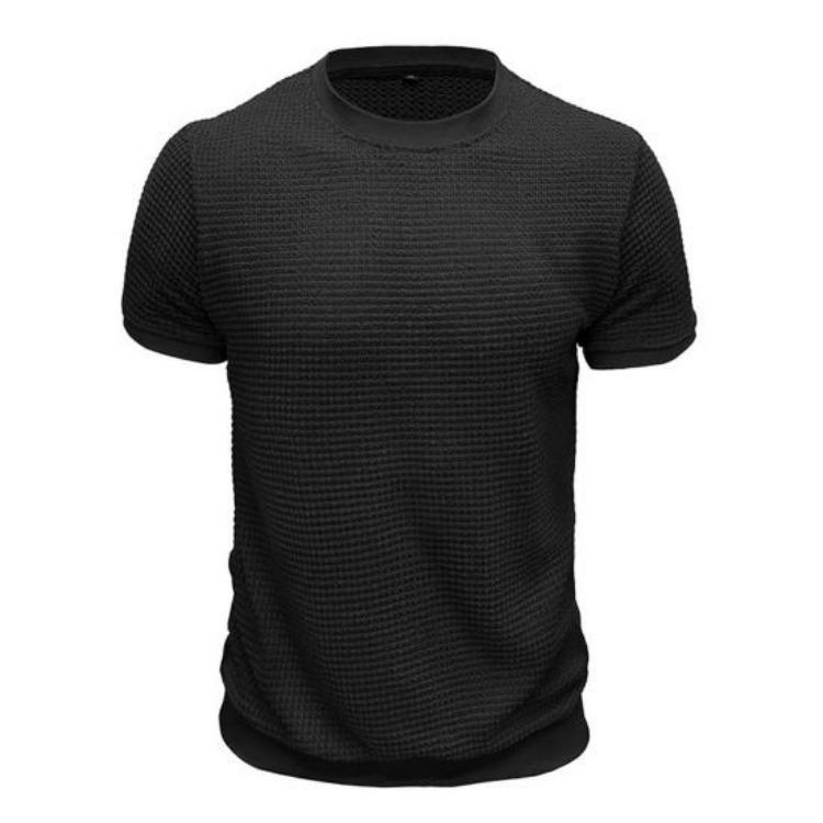 Casual Men Solid Color Short Sleeves Ribbed Elastic Round Neck Pullover Summer Slim Fit Daily Knitted T-shirt Tops Clothes
