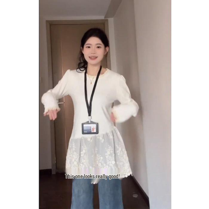 

Women s Fleece-Lined Lace Long-Sleeve T-Shirt for Autumn/Winter Layering Medium абрикосовый