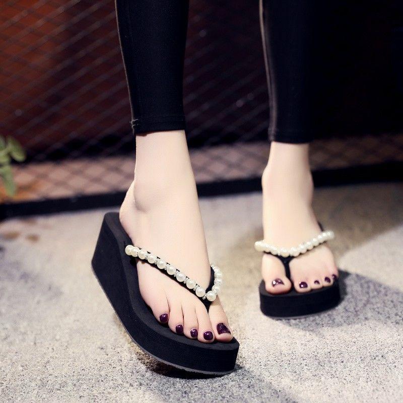 Platform Shoes for Women Flip Flops Slides On Beach Pearl Heeled Woman Slippers Slip-resistant Top Designs Sandals Korea Style