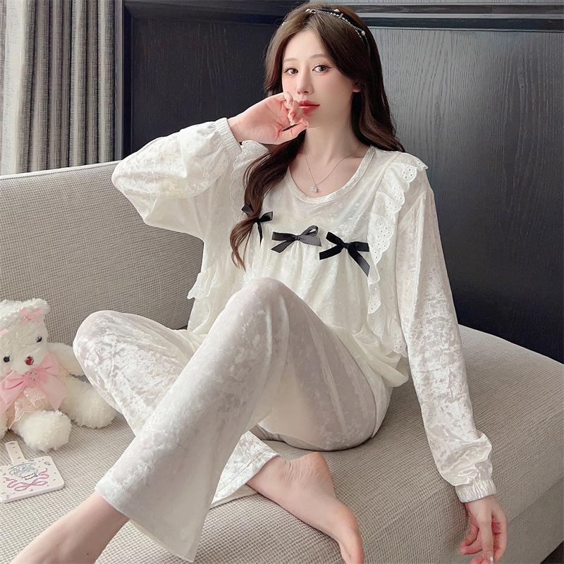 Female Lace Princess Style Pajamas Autumn Winter Velvet Nightwear Warm Long Sleeved Velour Home Clothes Two-Piece Set Sleepwear