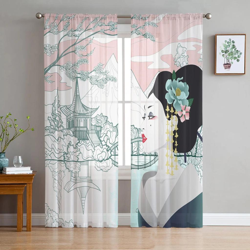 Japan Red Sun Geisha Woman Dragon Bamboo Šifon Průsvitné závěsy do obývacího pokoje Ložnice Dekor Okno Voál Tyl Závěsy na záclony