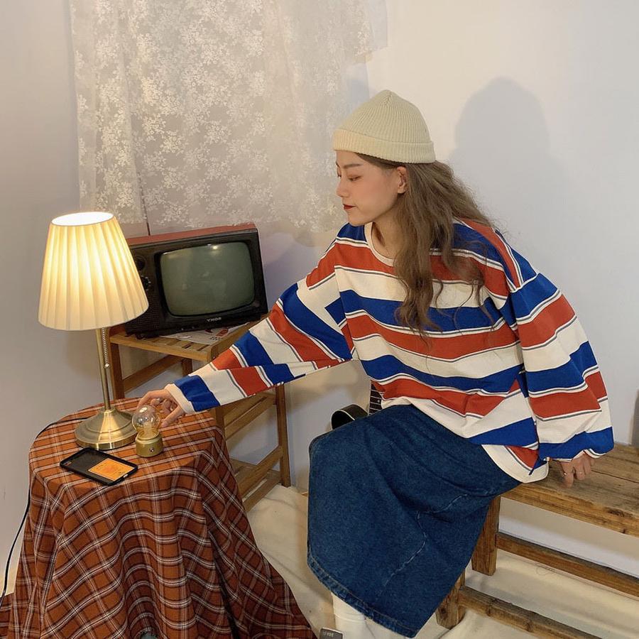 Trendy Women's Striped Long Sleeve Shirt - Autumn New Style Korean Loose T-Shirt for Students