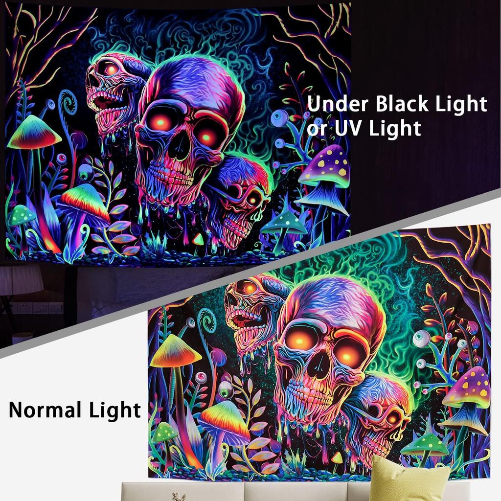 Amonercvita Blacklight Skull Tapestry Trippy Skeleton Wall Tapestries UV Reactive Neon Plants Trees Tapestries Aesthetic Galaxy Space Tapestry Wall