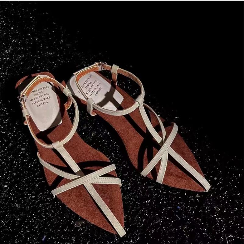 2024 New Women's Shaped High Heel Summer Luxury Cowhide Spaghetti Strap Slingback Women's Fashion Sandals