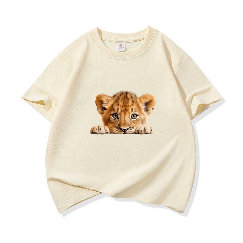 Kids Cotton T Shirt Cute Peeking Lion Cub Print Crew Neck Short Sleeve Tee Casual Breathable Boys Girls Summer Tops