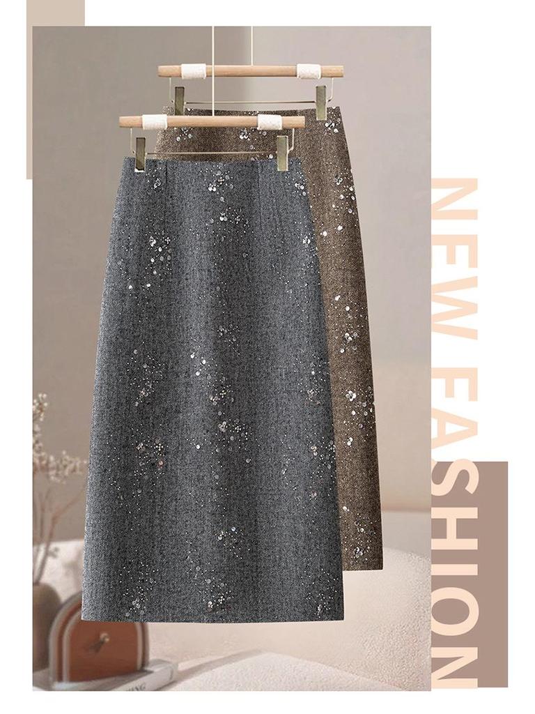 Sequined Woolen High-Waist Straight Skirt for Women