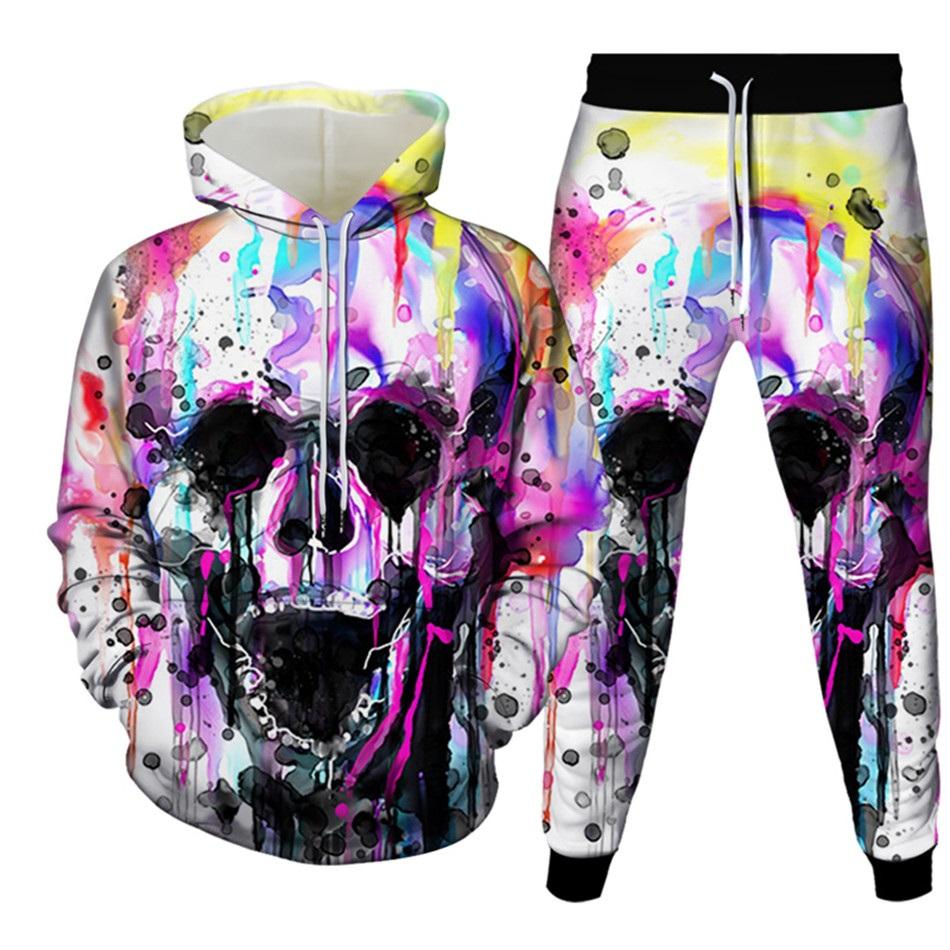 New Men's Tracksuit Sets Goth Punk Skull Fire 3D Printing Hoodies Pants Suit High Quality Skeletons Pullover Streetwear Oversized