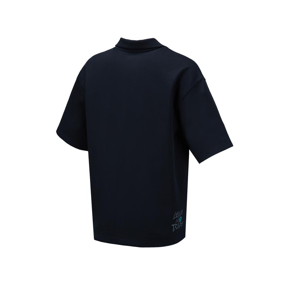 Li Ning Earth Seamless Solid Color Stand Collar Half Zip Short Sleeve Polo Shirt Men Polo Shirts Black APLT015-3