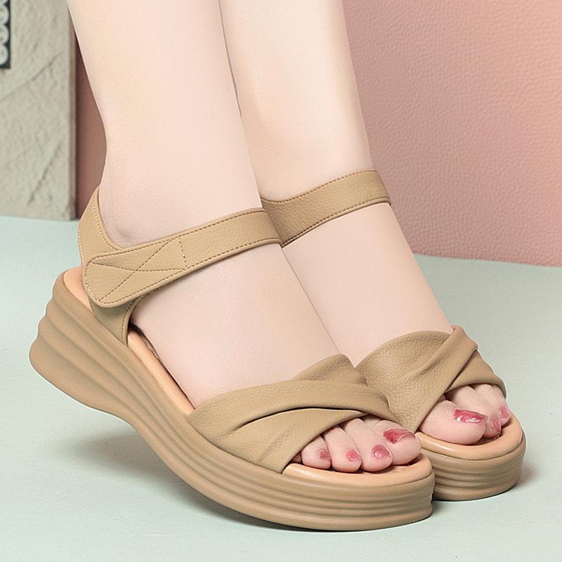 5cm Comfortable Thick Bottom Soft Leather Sandals Women Flat Platform Shoes 2025 Summer Med Heels Sandals for Office Mom Beach