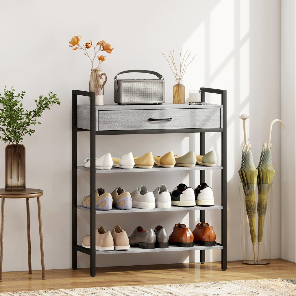 4-Tier Shoe Rack, Hallway Shelf for Up To 9 Pairs of Shoes, Particleboard, Metal, Grey