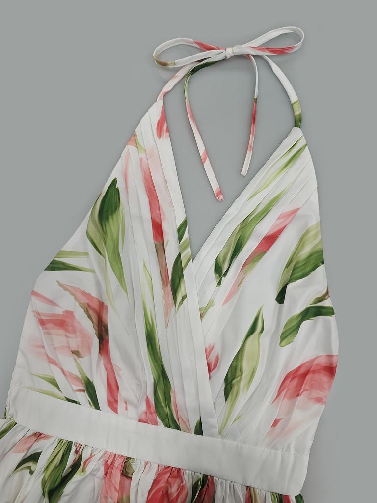 Frühling/Sommer Romantisches Resort-Stil V-Ausschnitt Rückenfreies A-Linien-Kleid - Damen Strandmode