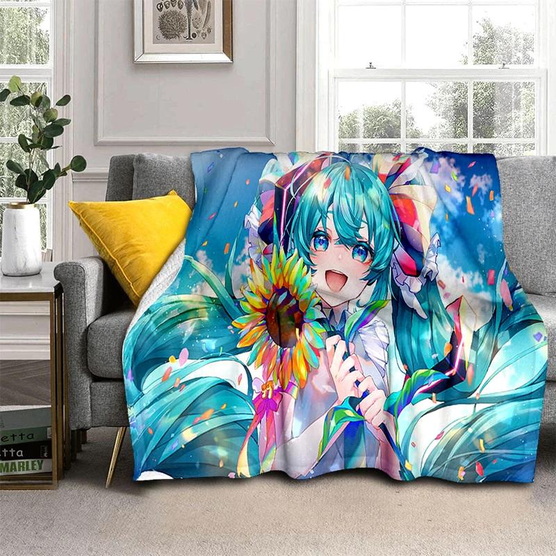 3D M-MIKUS Music VOCALOID Cartoon Girl Soft Plush Blanket,Flannel Throw Blanket for Living Room Bedroom Bed Sofa Cover Gift