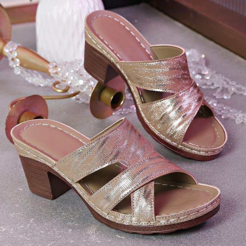 

Spring and summer round head one-word thick heel cool slippers daily leisure commuting slippers women s new high heels 43 хаки