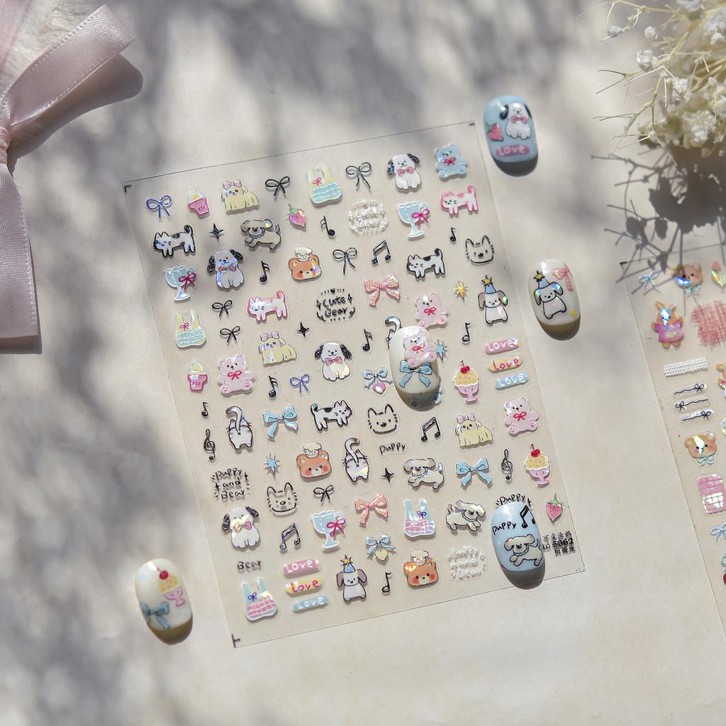 Shell shine nail stickers, hot cartoon bear, puppy, and kitten designs, cute high-look doodle stickers, mixed nail art pack