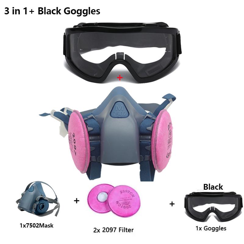 7502 Silicone Respirator Gas Mask With 2097 Filter Goggles Set For Epoxy Dust Paint Organic Vapor Formaldehyde Welding Grinding Mass Air Flow 3