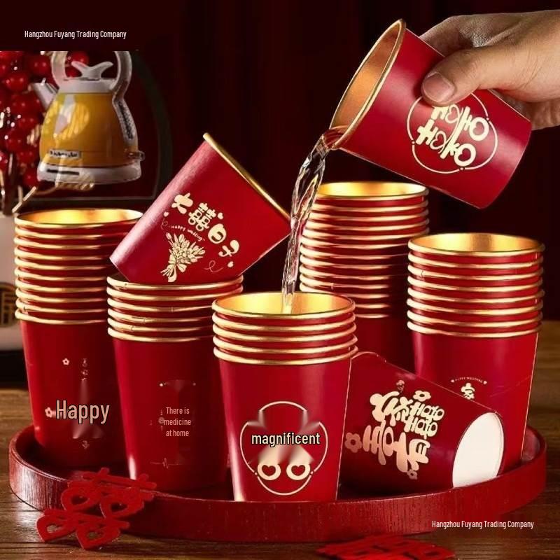 Gold Foil Double Happiness Disposable Red Paper Cups for Weddings & Engagements