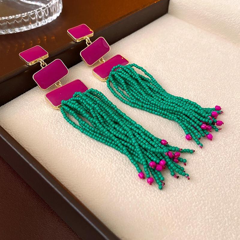 

Ретро-шик Этнические длинные серьги с кисточками и бусинами 1 pair of earrings зелёный