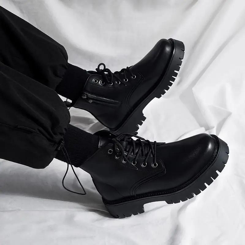 Male Casual Boots Thick Sole Lace Up Non Slip and Waterproof Men's Leather Shoes Platform Classic Original On Sale Cowhide Pu