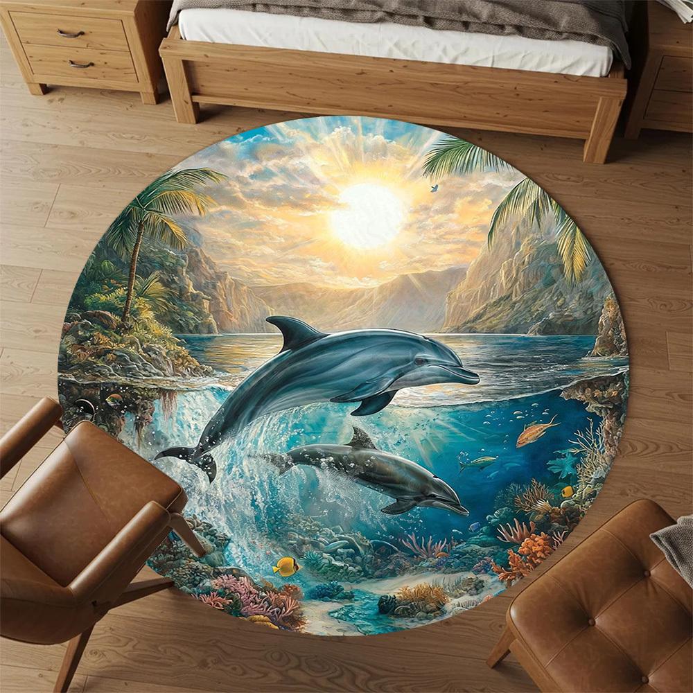 1PC dolphins ocean Office Round Area Rug, Under Office Chairs Bedroom Living Room Home Decor,Carpet for Office, -1110229