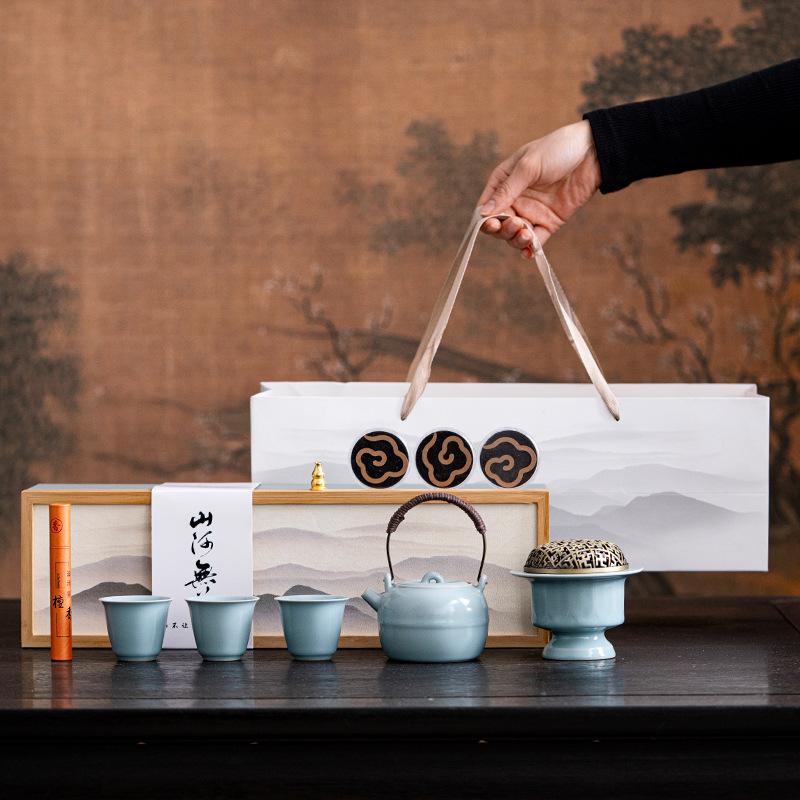 

Ru kiln Tianqing mountains and rivers are safe, ceramic beam pot, one pot, three cups of incense burner, aromatherapy,