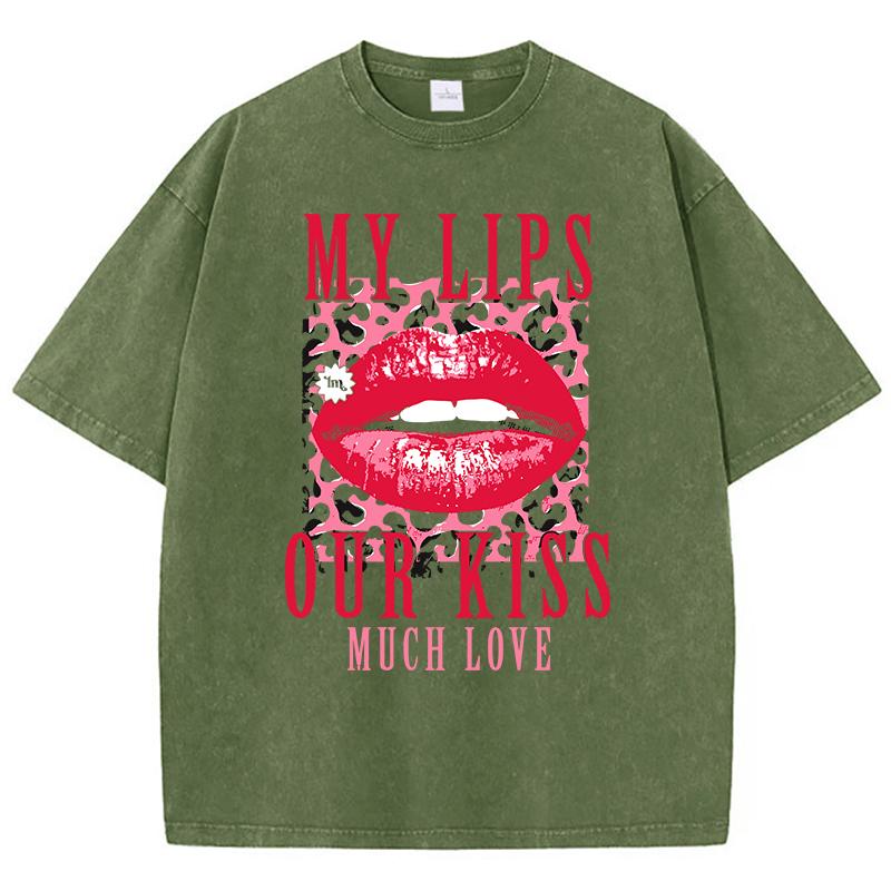Cotton Womens Acid Wash T-Shirts My Lips Our Kiss Letter Printing Tee Shirts Comfortable Oversized Tops Street Clothes
